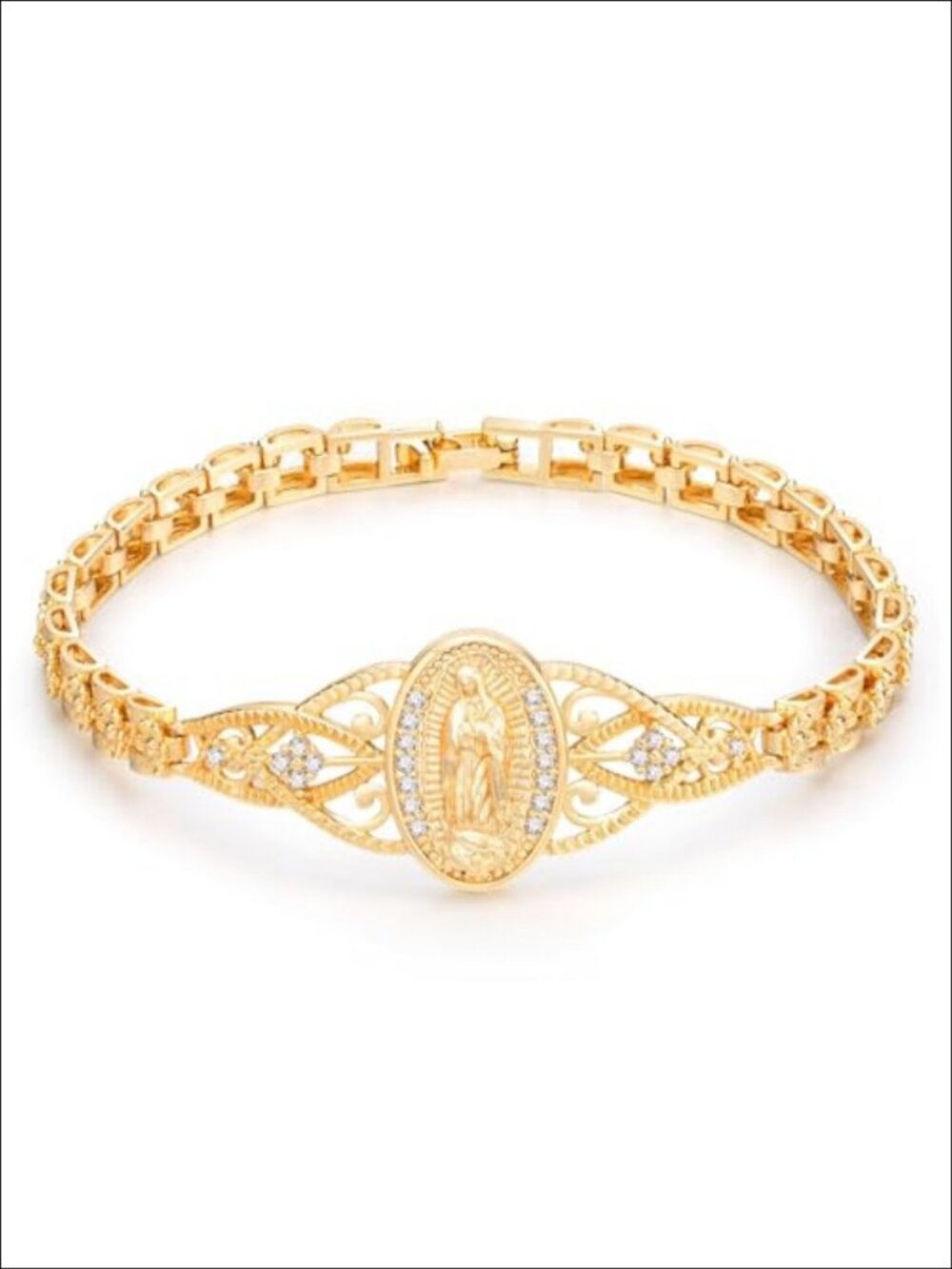 14k Gold Plated Virgin Mary Catholic Bracelet Cubic Zirconia Chain Link